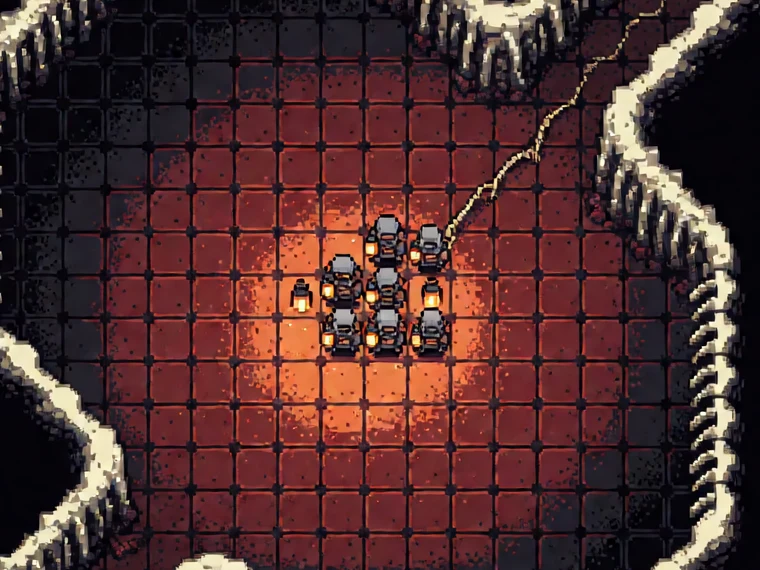 A lamplit chamber deep inside a Titan: red muscle floor walled in by ribs, with a cutter crew standing in the ring of light their lanterns hold.