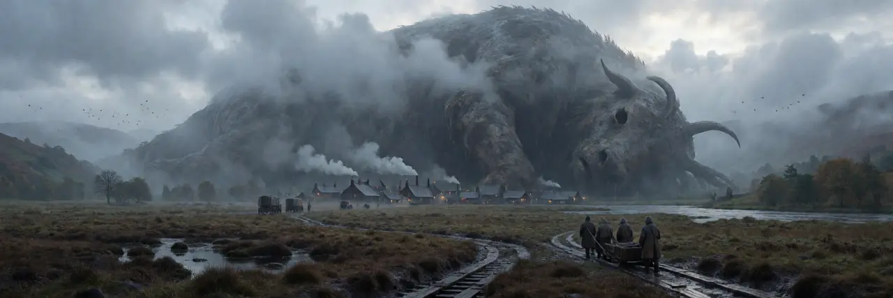 A dead Titan the size of a hill lying in a wet valley, a town of boiling houses built against its flank, and a crew hauling a cart up the track towards it.